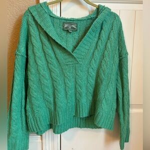 American Eagle Sweater Green Cable Knit Cropped Hoodie Pullover Sweater Women XS